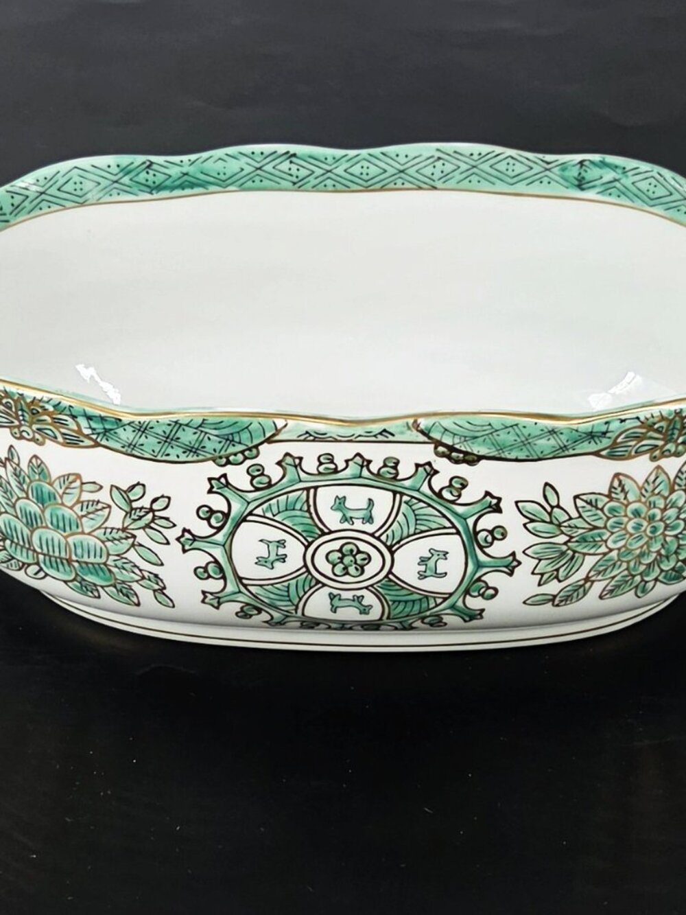 Antique Fine China Oval Scalloped Light Turquoise & White/Gold Trim 2 Handles